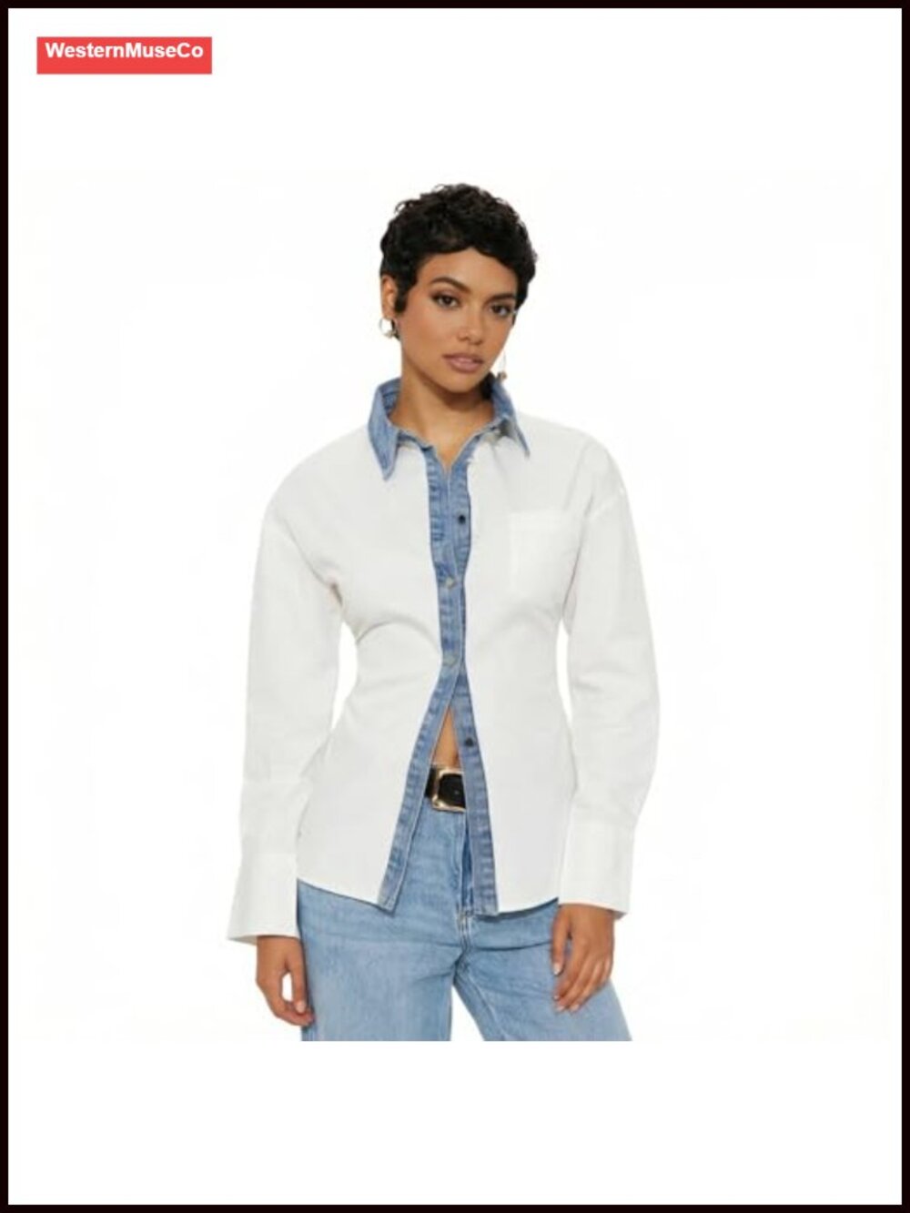 Denim Collar Button-Down Cotton Patchwork Shirt Tie-Back Long Sleeve